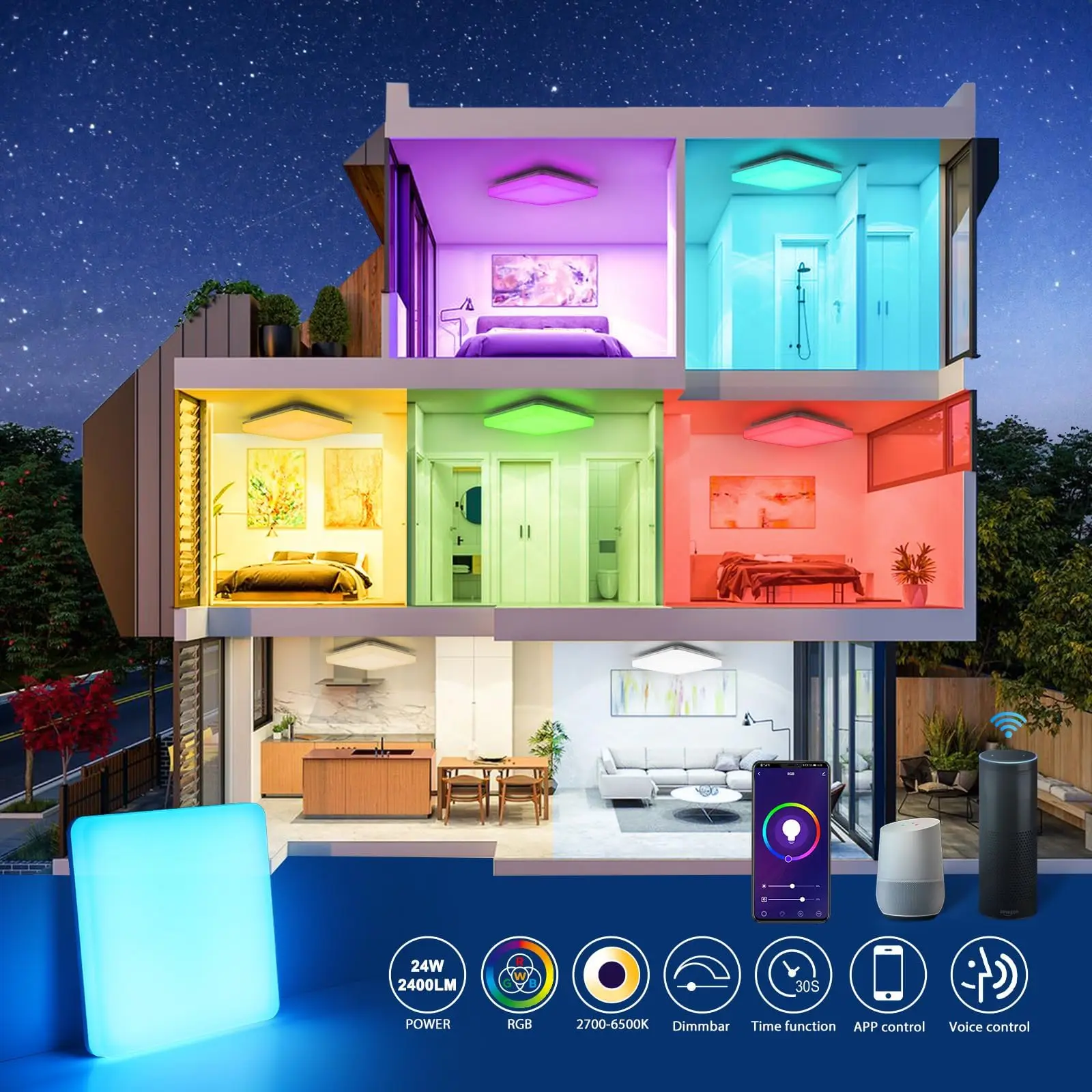 24W Smart RGB LED Ceiling Light 28cm, 2400LM, Dimmable via App, Compatible with Alexa & Google Assistant for Bedroom Living Room