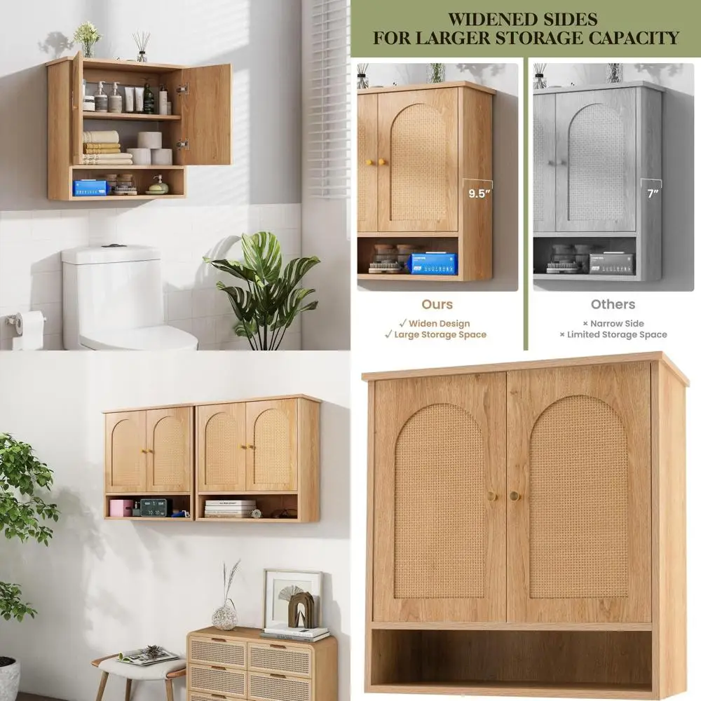 

Durable Over-The-Toilet Storage Cabinet with 2 Rattan Doors for Bathroom, Kitchen, or Living Room