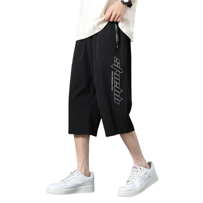 

Qui Dry Свободные мужские пляжные брюки из ледяного шелка, повседневные летние брюки для отдыха на семь футов, молодежные прямые брюки с эластичной резинкой на талии