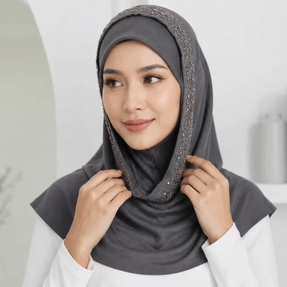 Gift Rhinestone Decor Instant Hijab Cap Soft Elastic Stretchable Pull on Hijab Easy Wear Breathable Head Wrap Hat Women
