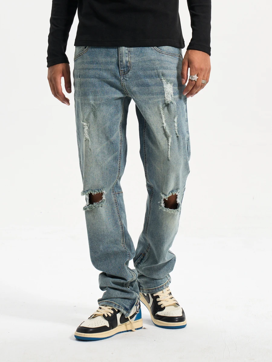 

Low Waist Straight Leg Slim Fit Low Stretch Waed out Drip Jeans Men's Trendy Brand Youth Casual Cotton Denim Jeans