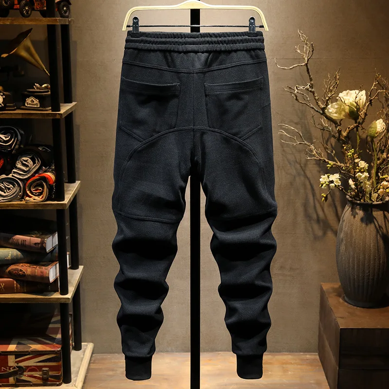 Autumn Winter Black Casual Pants Men's High-End and Fashionable Trendy Brand Thick Sweatpants Ankle-Tied Stretch Sports Pants