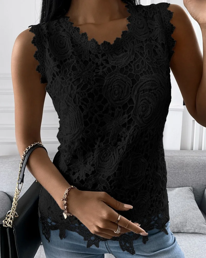 Summer Lace Blouse Woman Jacquard Sleeveless Casual Fashion Women Shirts Vintage Floral Vest Tops Loose Blusas Mujer 19340