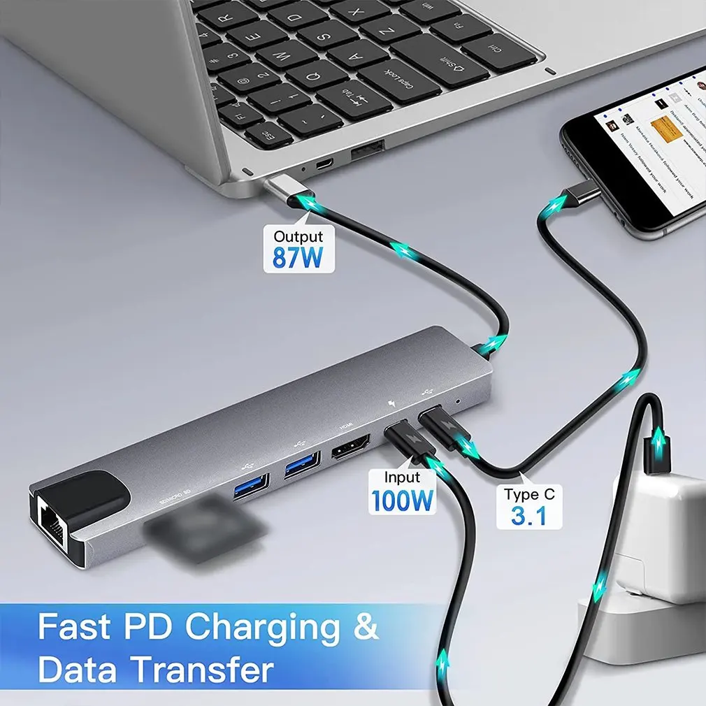 8-In-1 Type C to HDMI-compatible Hub Docking Station USB C RJ45 Ethernet USB 3.0 Ports SD/TF Card Reader PD Dropshipping