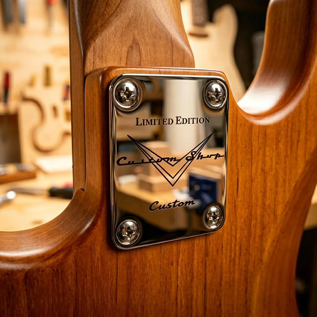Maßgefertigte Halsplatte für E-Gitarren, im Vintage-Stil, exquisit verarbeitet, ideal für Gitarrenliebhaber, die ihre Gitarre aufwerten und modifizieren möchten. Perfektes Geschenk für die Feiertage, inklusive passender Schrauben. – Detail 4