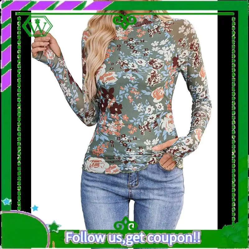 A18P-Ladies Lace Long Sleeve Floral Mesh Stand Collar Outing Top