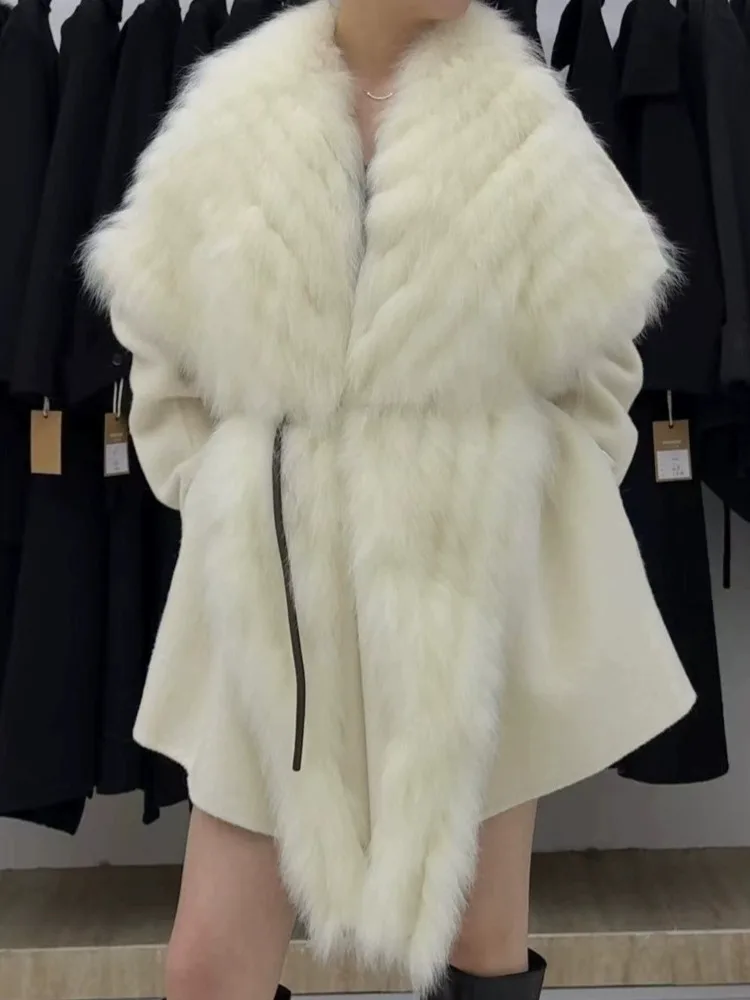 ZMEENNA Womens Luxurious Wool Blend Coat With Oversized Fur Collar Trim Warm Winter Outwear Short Elegant Jacket Brown ZM4540