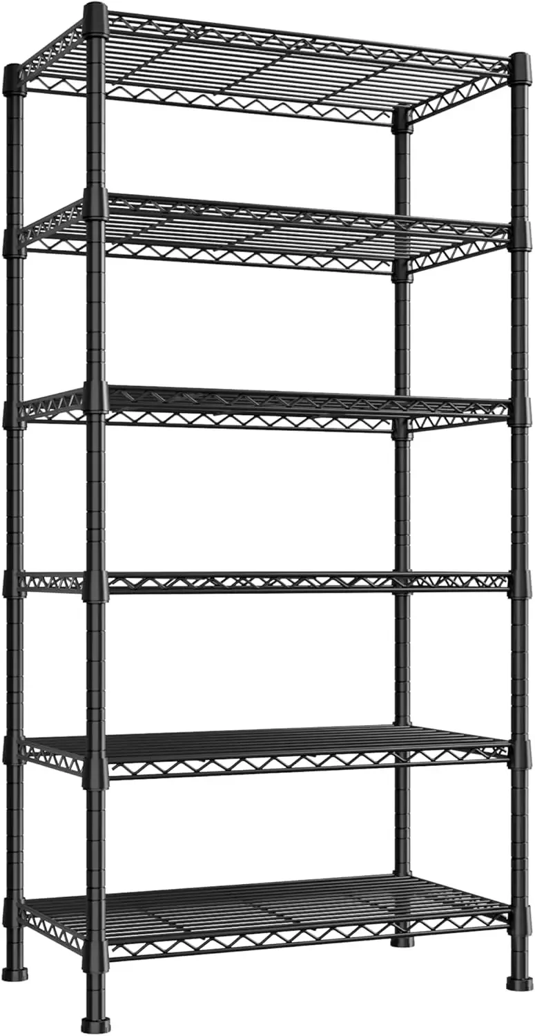 REIBII 6-Tier Heavy Duty Wire Shelving, Load Capacity 1000 LBS, Adjustable Metal Shelves, Black, 24