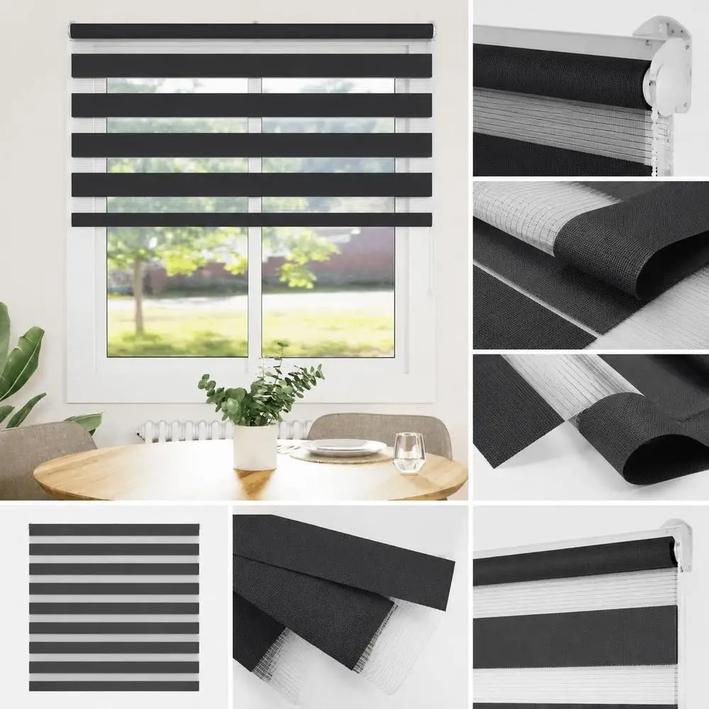 Stores enrouleurs zébrés 120x150 cm en tissu polyester noir, double couche, filtrant la lumière, occultant, facile à nettoyer, pour salon, chambre, bureau, installation sans perçage