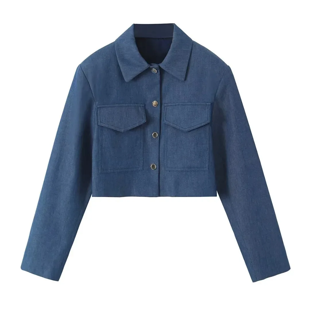 سترة نسائية قصيرة فضفاضة باللون الأزرق تناسب الموضة على الطراز الأوروبي الأمريكي #2