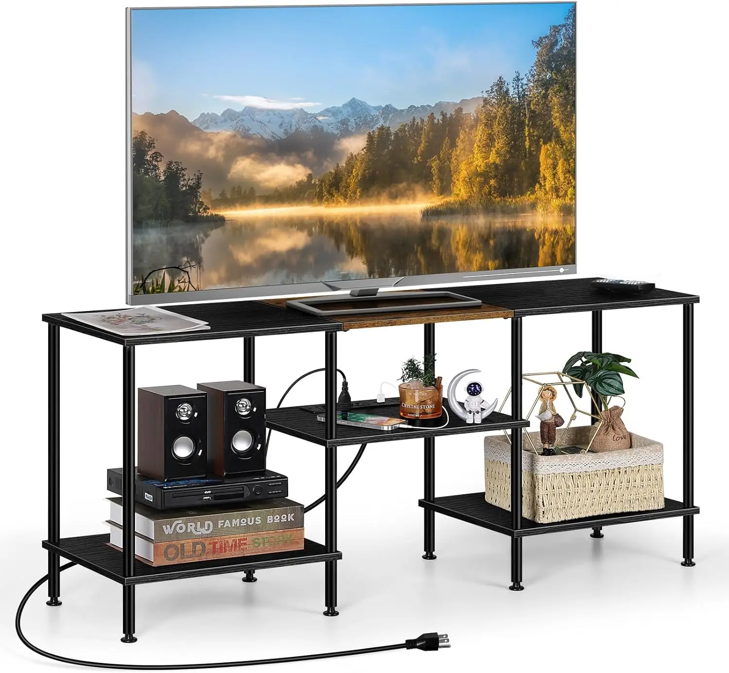 Black Bedroom TV Stand with Power Outlets up to 50 inch TV, Small Entertainment Center Stand with Storage Modern Media TV