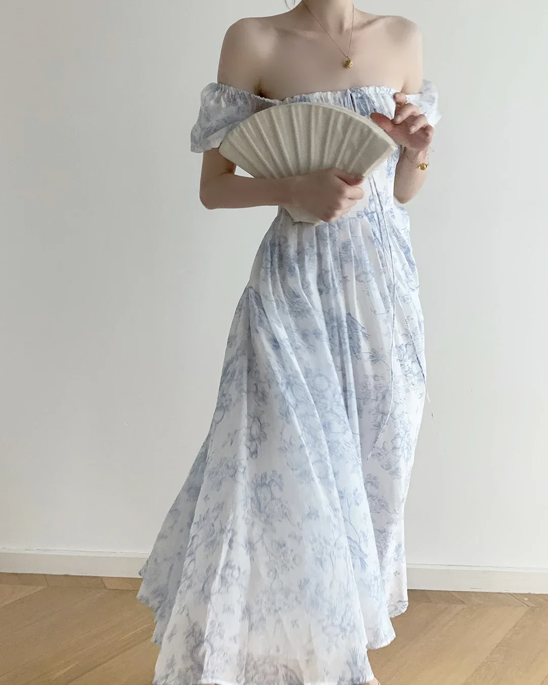 Blue Printed Dress Women Ladies Chic Square Neck  Summer Vacation Dresses Women High Waisted Design Maxi Vestido Party image 5