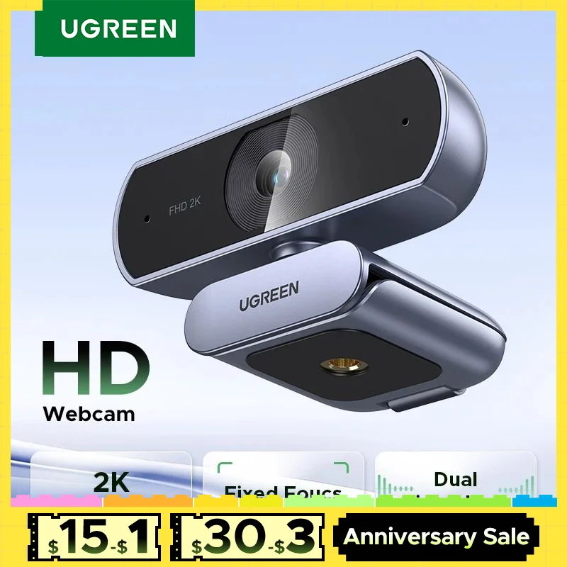 UGREEN 2K Webcam with Microphone, Full HD USB Web Camera, Auto Light Correction, Video Webcam for Streaming