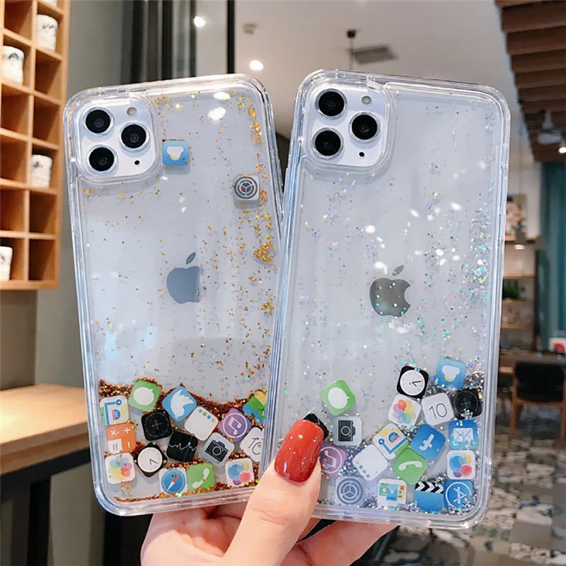 Glitter Sequins Love Heart Phone Case for iPhone 15 13 11 12 14 Pro XS Max X XR 8 Plus Clear Dynamic Liquid Case APP icon Cover