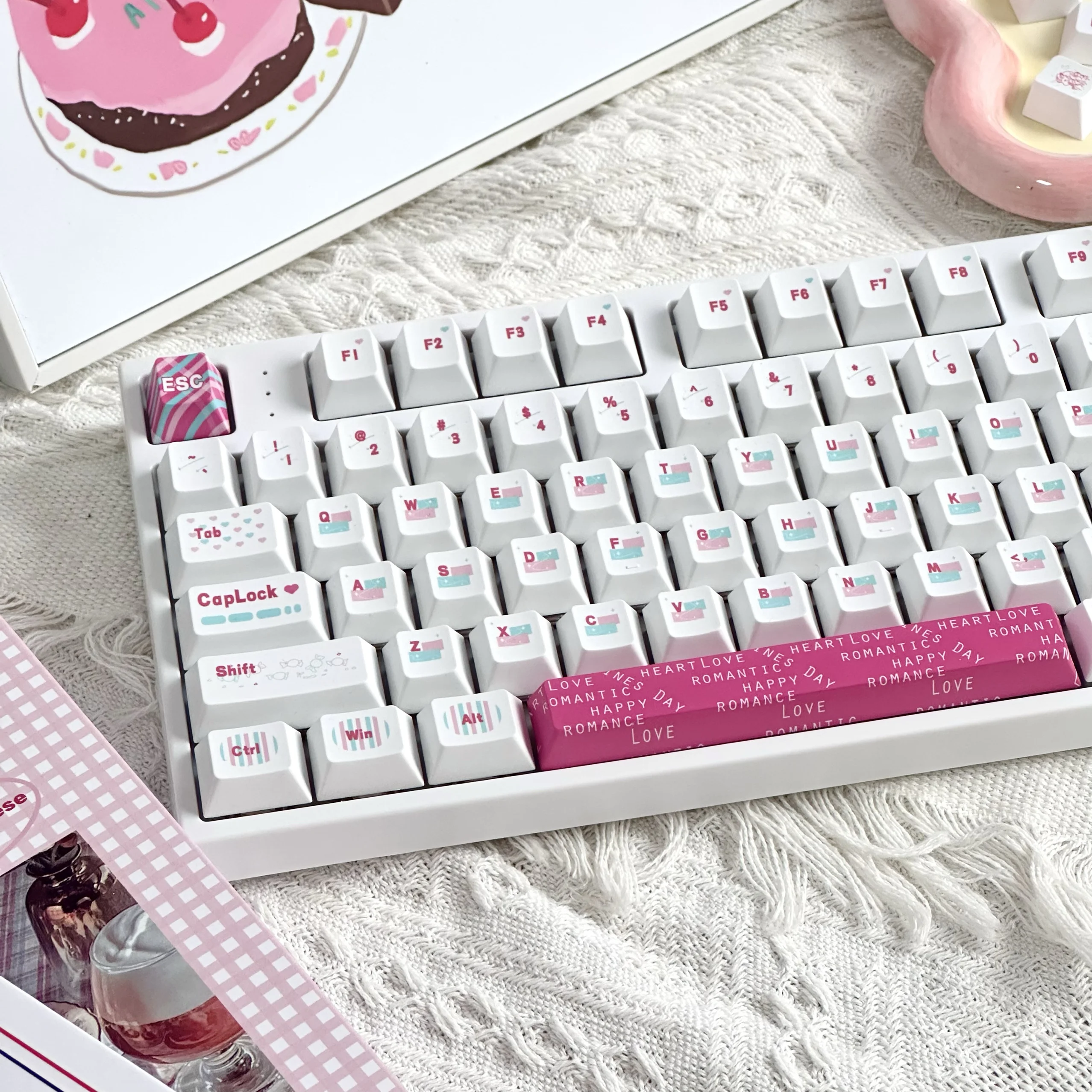 

Pink White Theme Keycaps Set PBT Cherry Profile 136Key Custom Original Handmade Keycaps for Mechanical Keyboard Accessories Gift