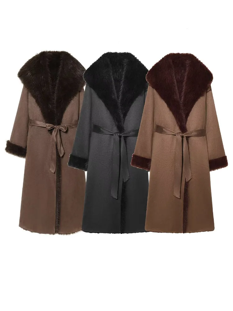 

Женская двусторонняя куртка из искусственного меха HH Fashion с отложным воротником, поясом, декоративными карманами, длинными рукавами, верхняя одежда, повседневная куртка для женщин 2026