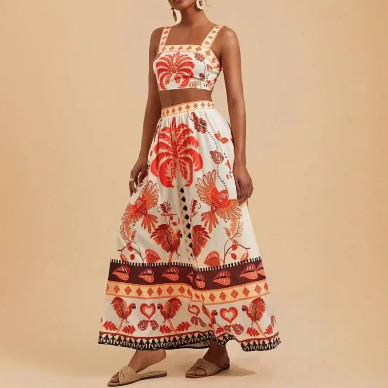 

Женский комплект из 2 предметов в стиле бохо с цветочным принтом: укороченный топ и юбка макси с высокой талией, богемный наряд для отпуска, пляжа, летнего отдыха, повседневное платье