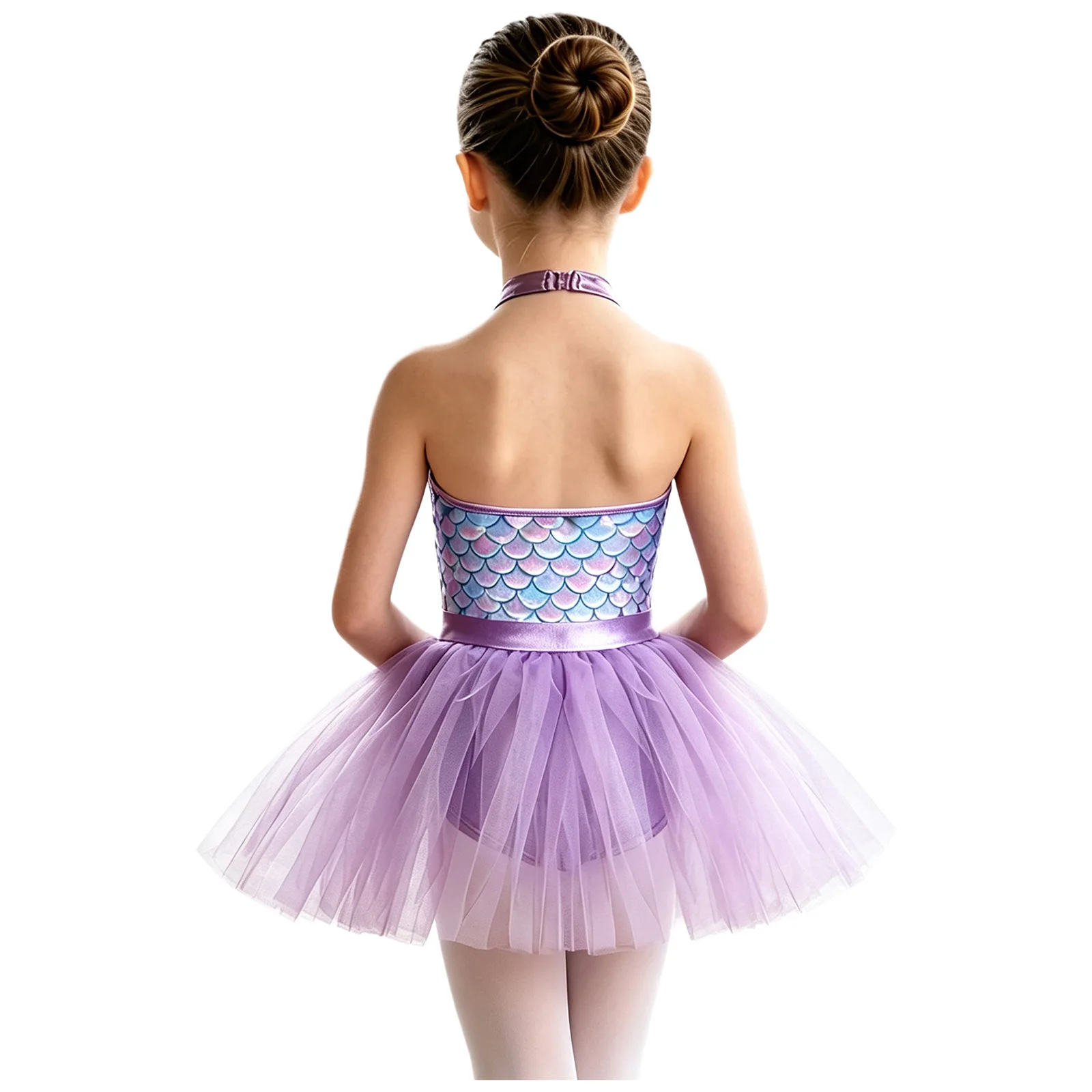 Kids Girls Ballet Dance Dress Halter Sleeveless Printed Bodice Tulle Leotard Skating Gymnastics Ballerina Performance Costume