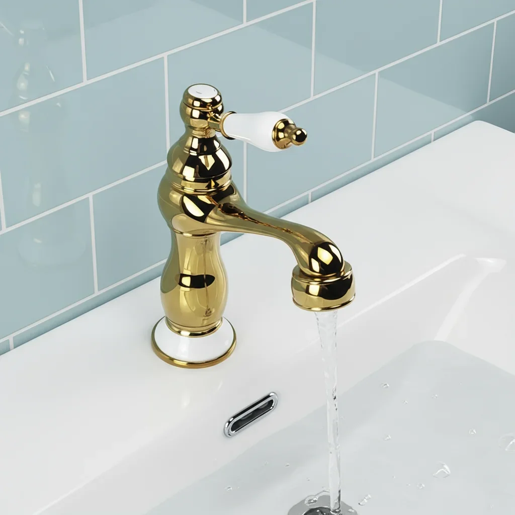Polished Gold Single Handle Bathroom Faucet, Solid Brass Vintage Ceramic Lever Curved Spout Vanity Basin Tap