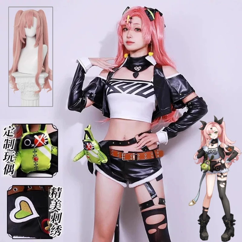Nicole Demara ZZZ Cunning Sweetheart Skin Cosplay Neon Pink Bralette Harajuku Punk Arm Warmers Harness Belt Mini Dress Set