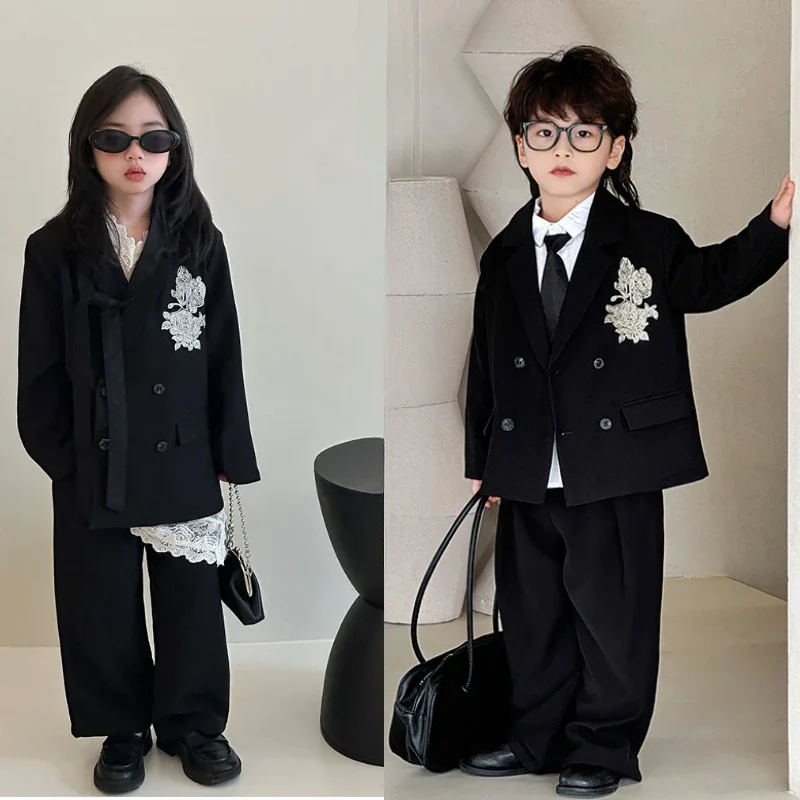 Teens Boys Black Floral Embroidery Suit Set Blazer Pants Formal Outfit for Wedding Party School Performance Catwalk 2-13 Years