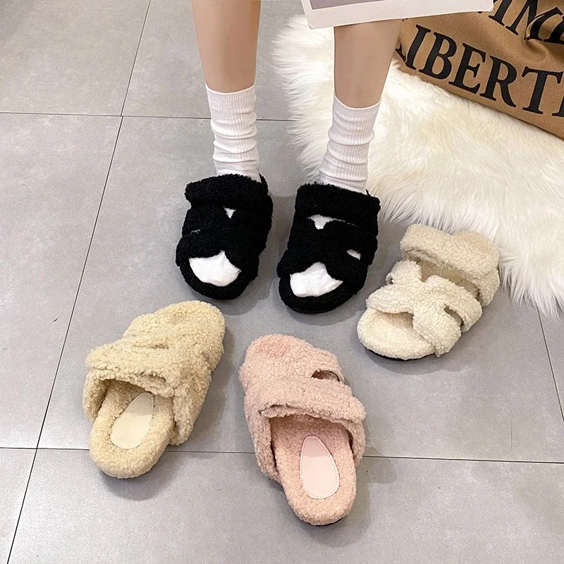 Cow Suede Fur Casual Sandals Women Home Slipper Shoes Flat With Open Toe Solid Spring Autumn Party Big Size Shoes Warm Slip On