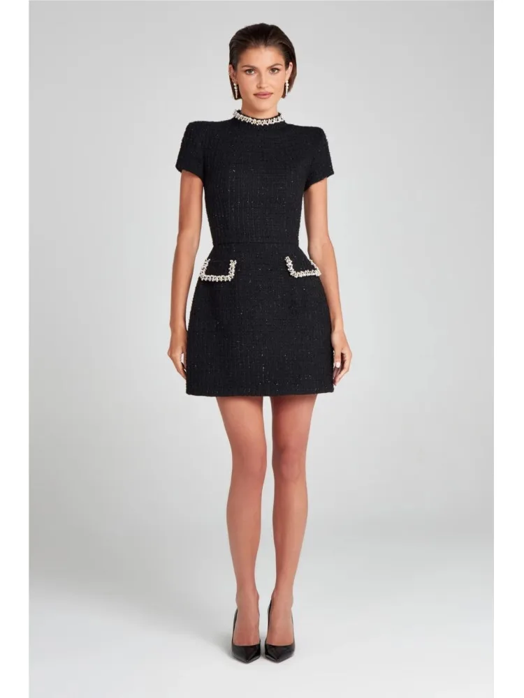 

Temperament Xiaoxiangfeng A-Line Dresses Lady Elegant Slim Fit Y2k Short Sleeve Dress Retro O-Neck Patchwork Luxury New Vestidos