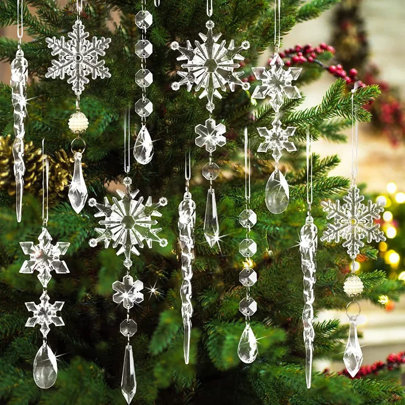 Xmas Tree Transparent Snowflake Hanging Ornaments Acrylic Icicle Pendant 2024 Christmas Decoration for Home New Year Gifts