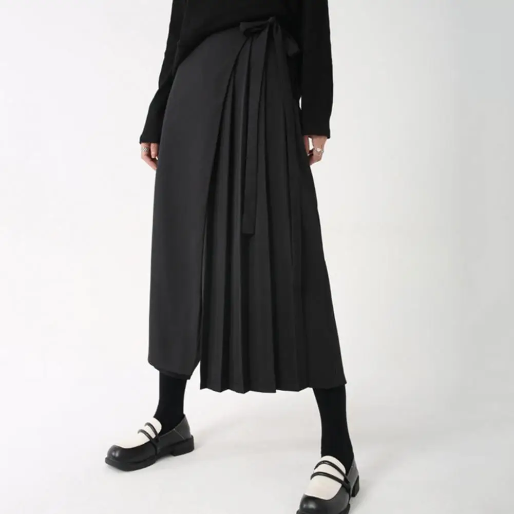 Women Pants Dark Style Black Pleated Fake Two-piece Culottes Irregular High Street Loose Wide Leg Casual Culottes