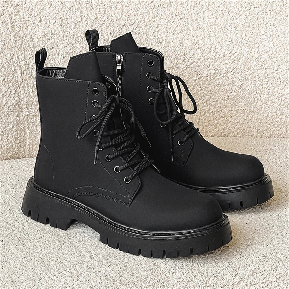 

Black Men Casual Boots Four Season Women High Top Leather Boots Fashion Couple Shoes Thick Soled Non Slip Plus Size Outdoor Boot