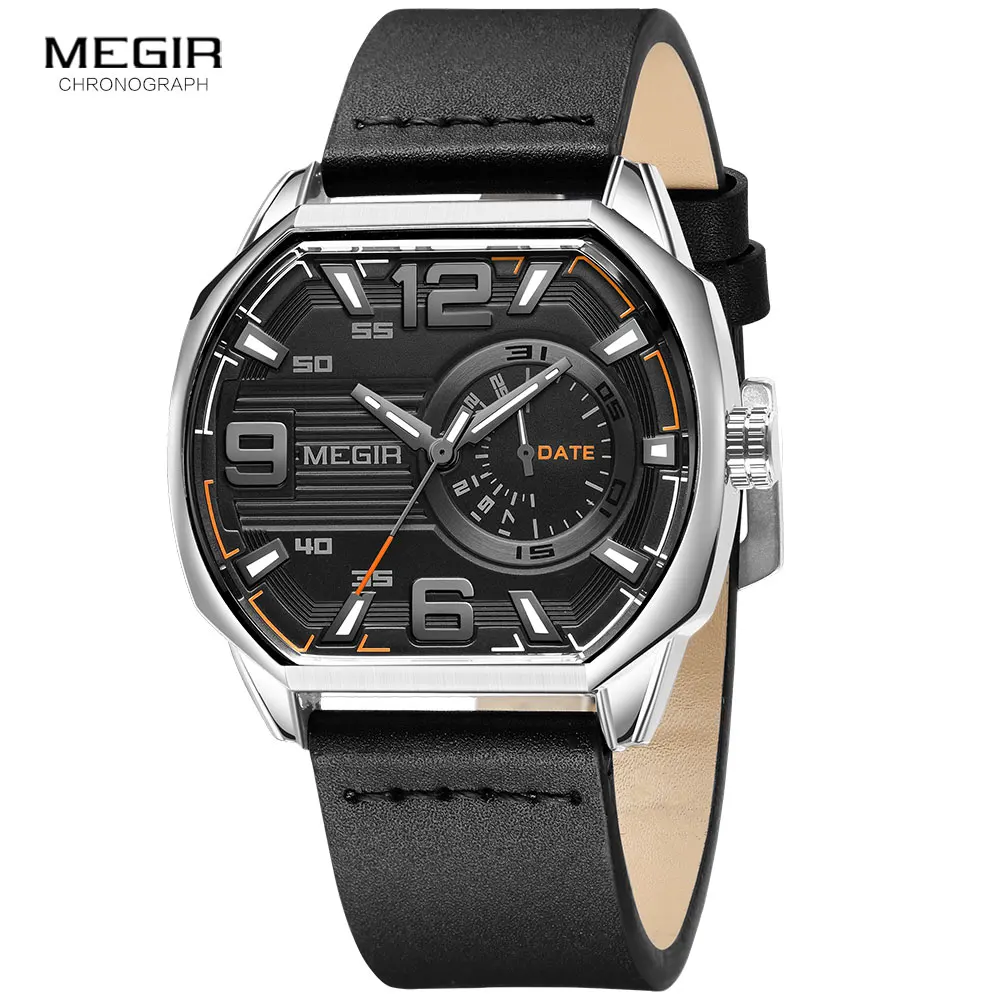 MEGIR Sport Watches for Men Fashion Octagon Dial Quartz Watch with Auto Date Leather Strap Luminous Wristwatch часы Silver black