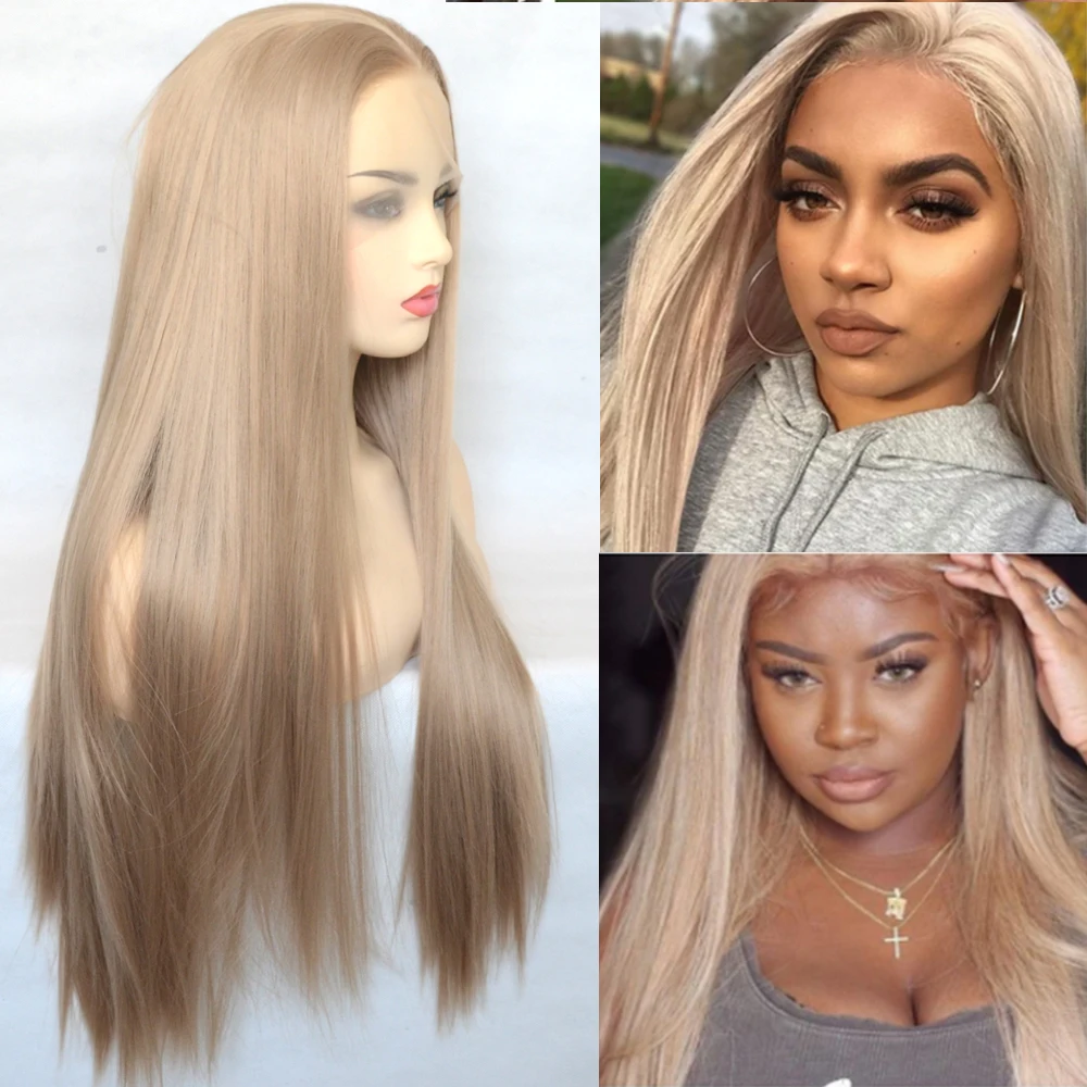 Voguequeen Honey Ash Blonde Color Synthetic Lace Front Wig Long Silky Straight Heat Resistant Fiber Daily Wear For Women