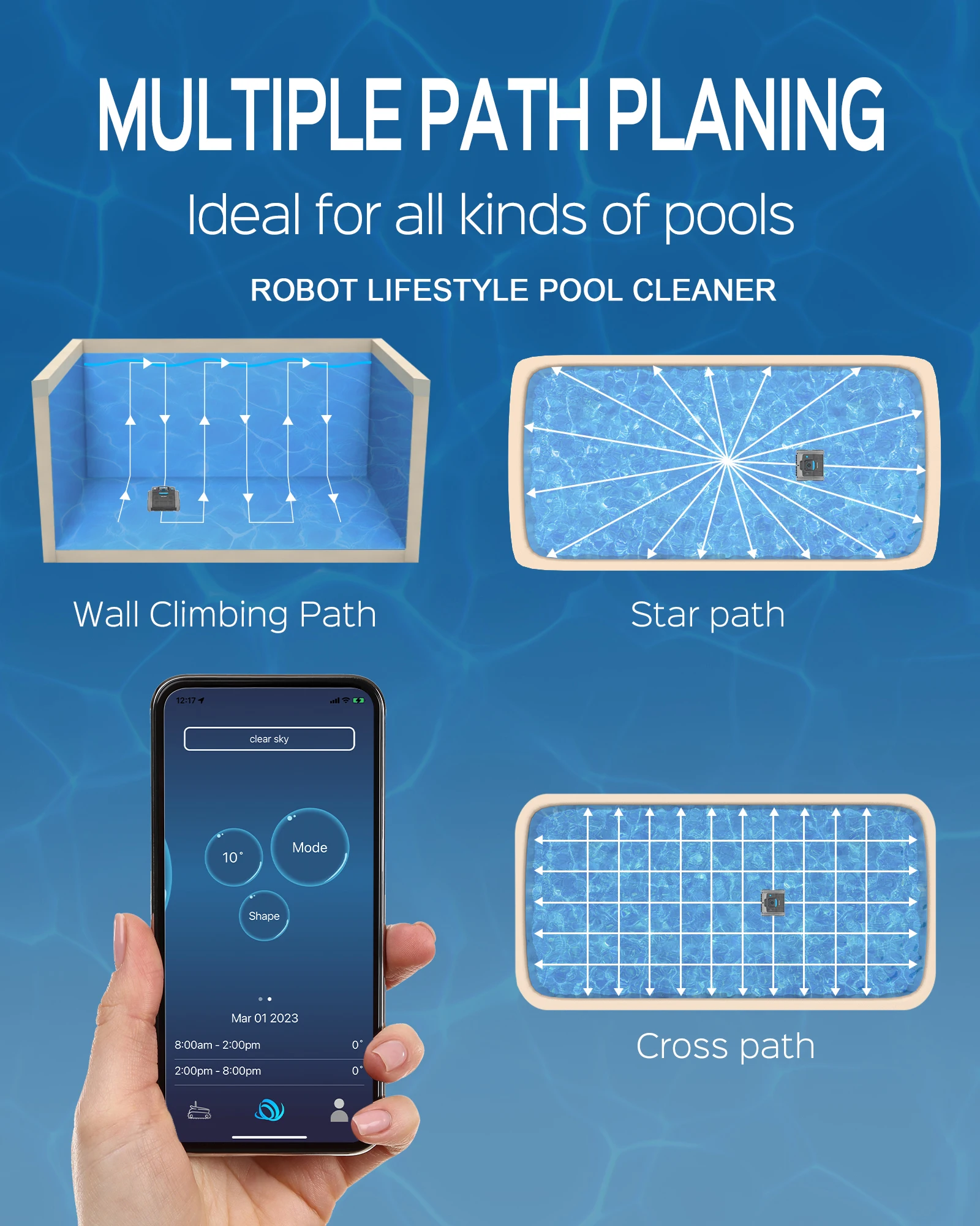 Swimming Pool Cleaner Cordless APP Robot Underwater 3312max 15000mAh Battery Route Planning Self-beaching for Area 120m²