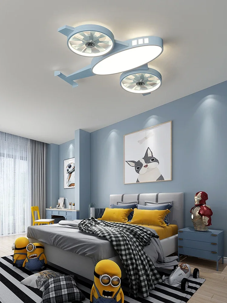 Children's Room Fan  Nordic Creative Aircraft Boys and Girls' Room Light Bedroom Invisible Silent Electric Fan Ceiling Light220V