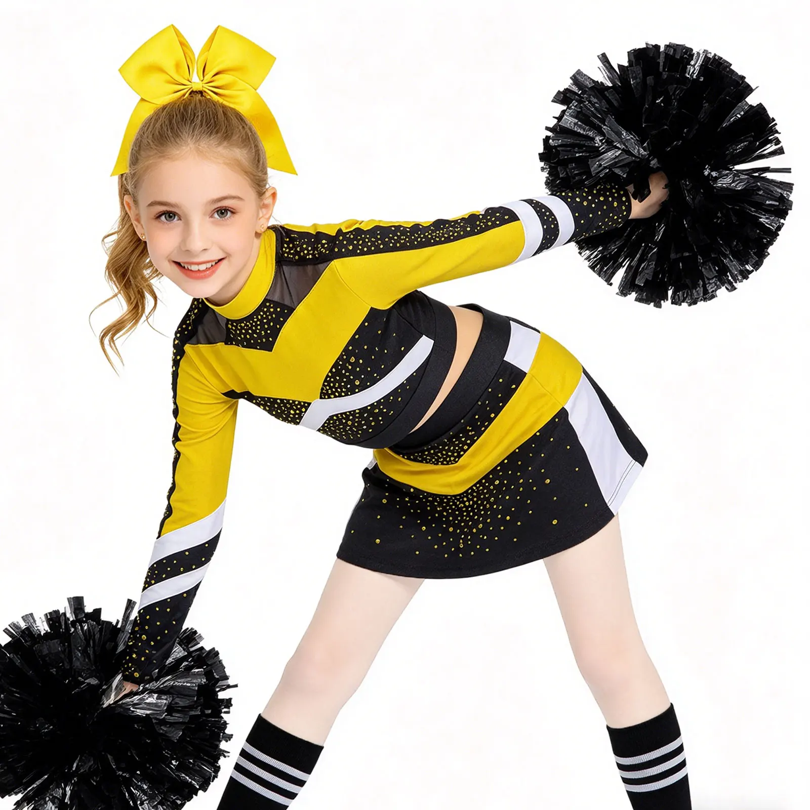 

Cheerleader Performance Uniforms Outfits Girls Kids Cheerleading Crop Top with Skirt Socks Sets Teens Cheering Team Costumes