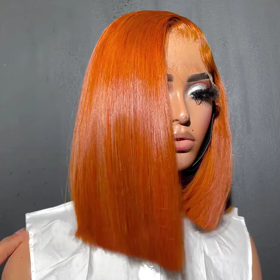 hd-220-高密度ストレートジンジャーオレンジ13x4ショートボブレースフロントウィッグ人毛カラー事前抜毛レースフロントレミーウィッグ女性用