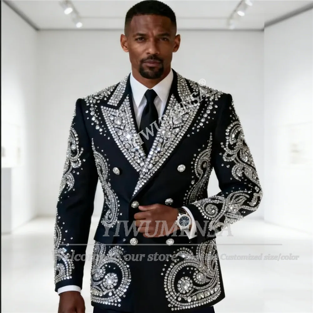 

Мужской костюм-двойка класса люкс для свадьбы и выпускного: пиджак с острым лацканом, инкрустированный драгоценными камнями, на заказ, для жениха (Trajes Para Hombre)