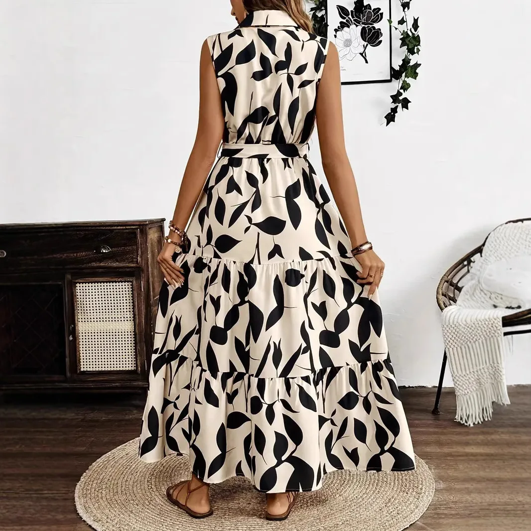 Chemise imprimée sans manches pour femmes, col rabattu, boutons, à lacets, décontractée, élégante, taille, col en V, à volants, ligne A, ample, surdimensionnée, robe de soirée