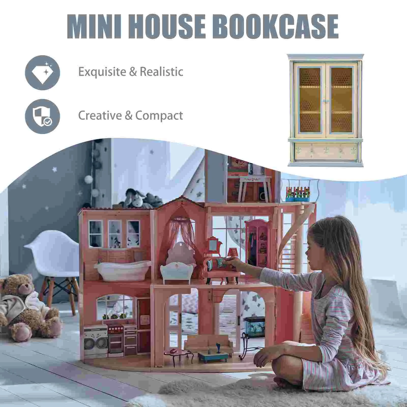 Poppenhuis Boekenplank Kast Model Mini Desktop Ornament Muur voor kinderen Klassiek meubilair Houten kind