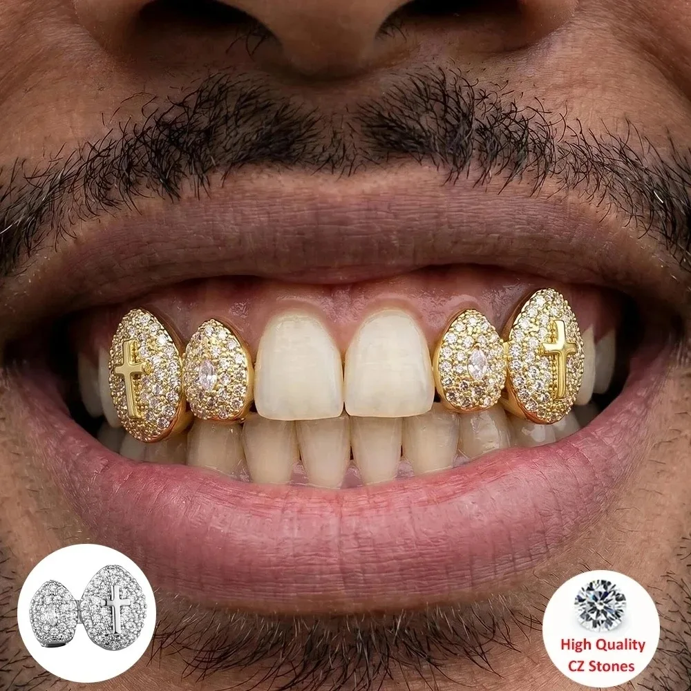 2Pc Hip Hop Double Teeth Grillz Set for Men Solid Holy Cross CZ Top & Bottom Rapper Punk Style Shiny Accessory Christmas Gift