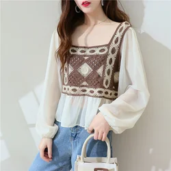 Women Blouse Crochet Knit Square Neck Chiffon Sleeve Geo Embroidery Crop Tops Summer Teen-girls Fairycore Cottagecore Outfit