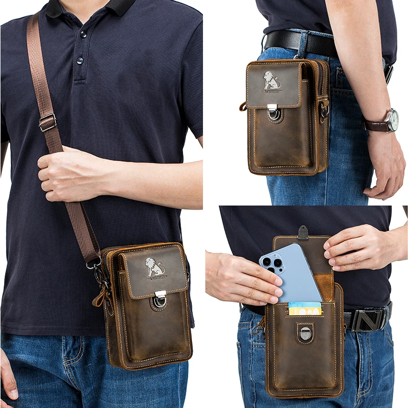 Crazy Horse Leather Male Waist Pack Phone Pouch Bags Waist Bag Men's Small Chest Shoulder Belt Bag Back Pack