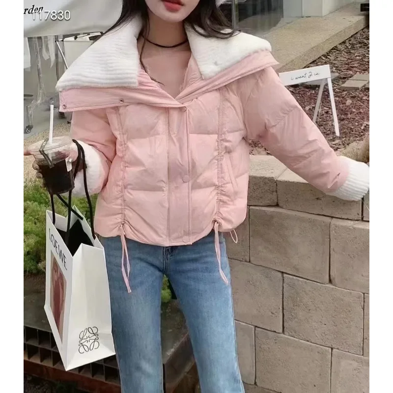 Ropa de mujer invierno nueva chaqueta de plumón abrigo Tops cortos cálido Petite cuello grande plumón de pato blanco moda Color sólido