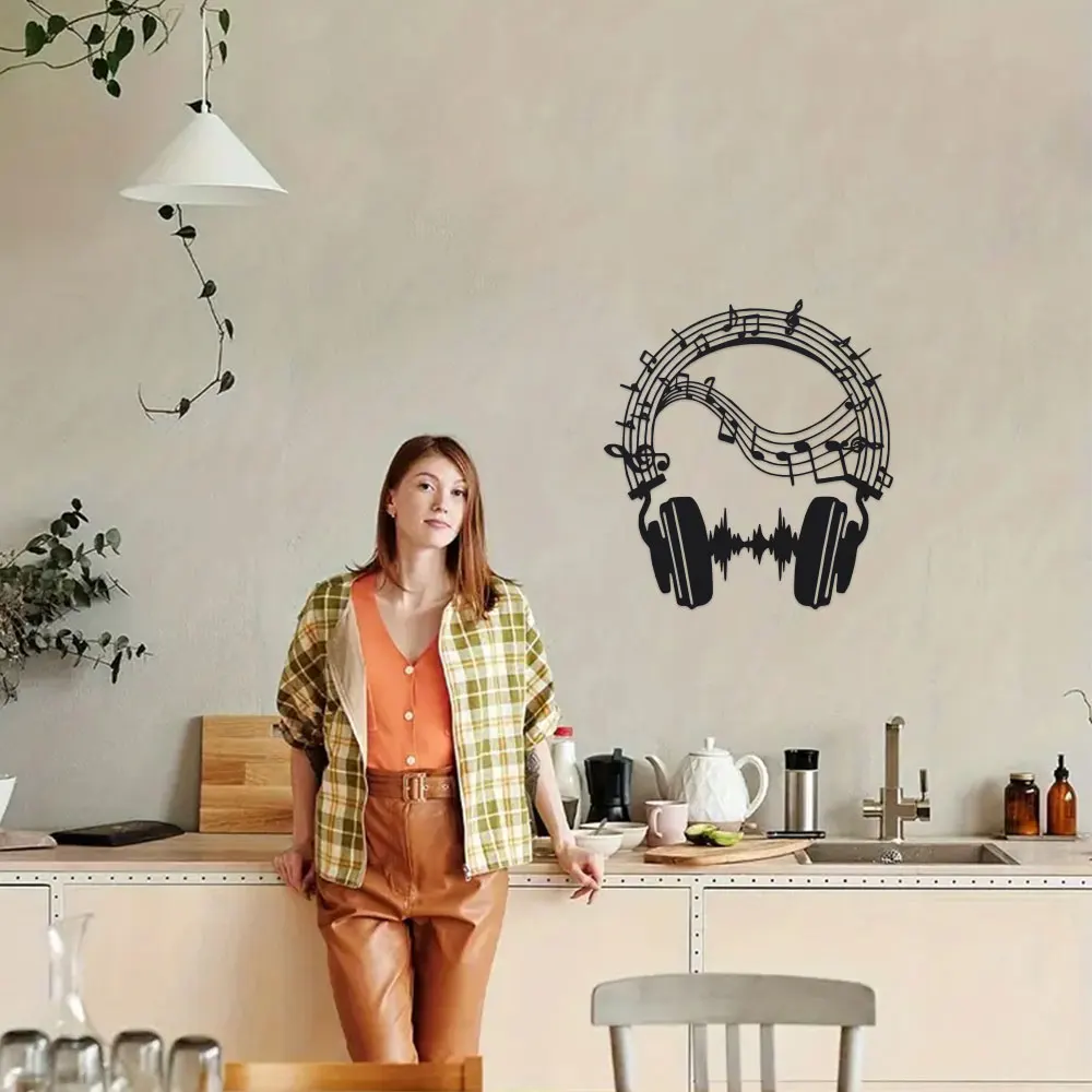سماعات رأس أنيقة معدنية جدارية - تصميم Soundwave، ديكور استوديو الموسيقى الورقية، جدارية حديدية داخلية/خارجية للمنزل والفناء