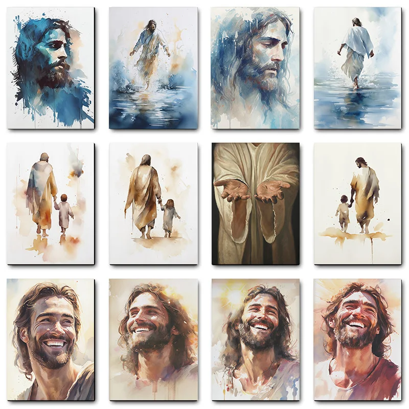 Jesus Portrait Christ Smile Children Nordic Religion Faith Watercolor Poster Wall Art Pictures Canvas Painting Room Home Decor