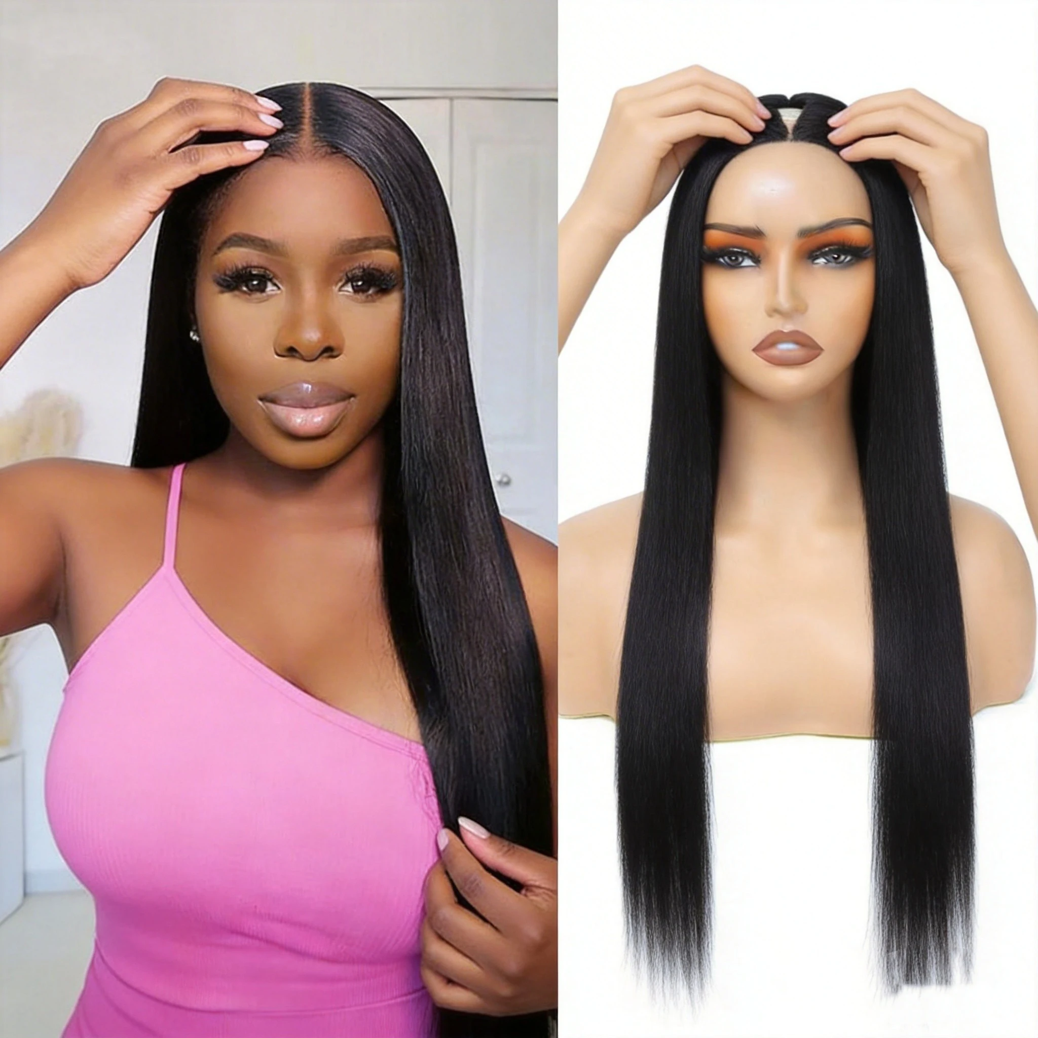 

High Temperature Fiber Half Wig U V Part Black Long Straight Wig High Quality Synthetic Wig For Women Glueless Wear And Go Hair