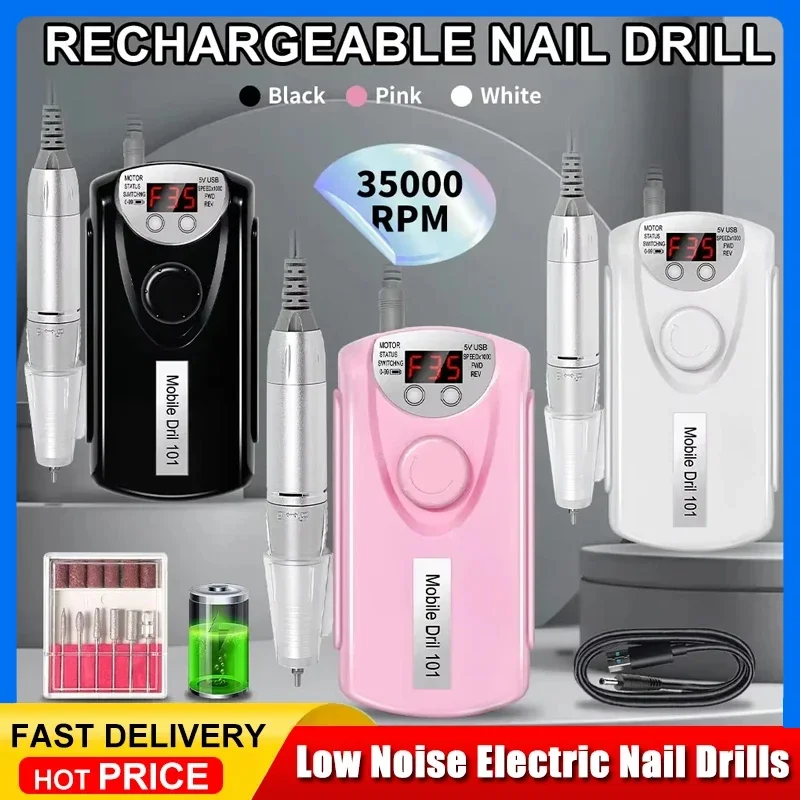 

35000RPM Machine Nail Drill for Nails Rechargeable Manicure Low Noise Professional Electric Nail Drills Motor Polishe Sander