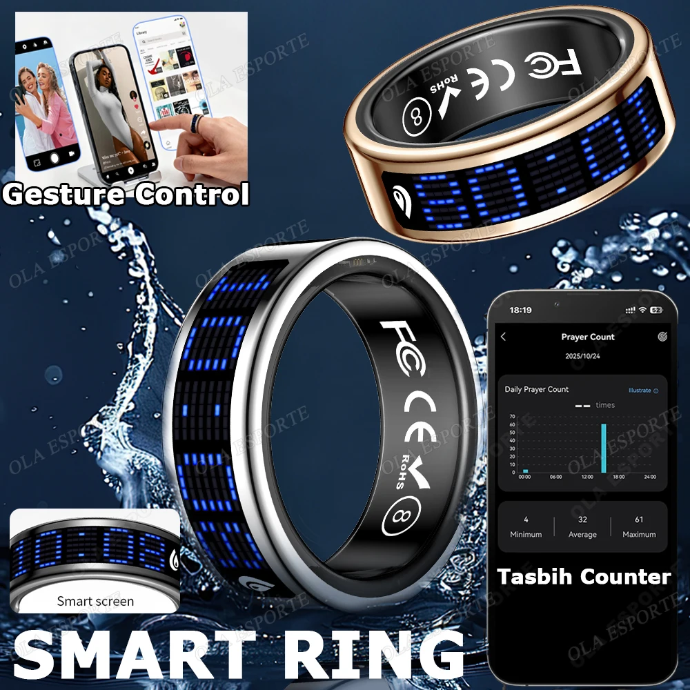 

Smart Ring 3D Dynamic Screen Call reminder Tasbih Counter Heart Rate Health Monitoring IP68 Waterproof Sports Smart Rings 2025