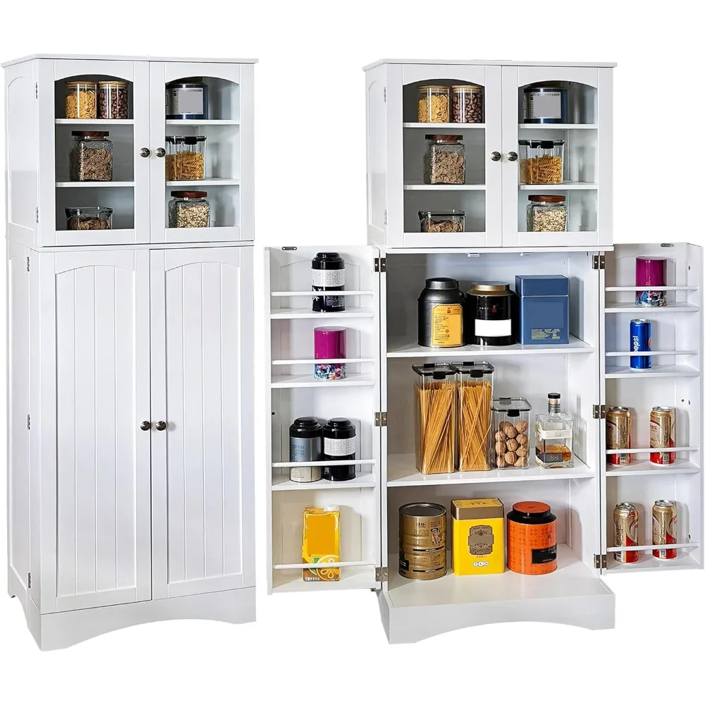 

-For White Kitchen Pantry Cabinet, Tall Food Pantry Storage Cabinet with Glass Doors and Adjustable Shelves, Freestanding *