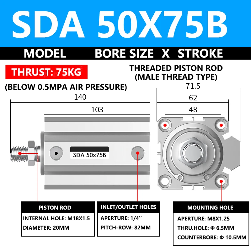 ABILKEEN SDA50X75B SDA Series Thin Air Cylinder 50MM Male Thread Bore X 75MM Stroke Double Acting Pneumatic Compact Cylinder